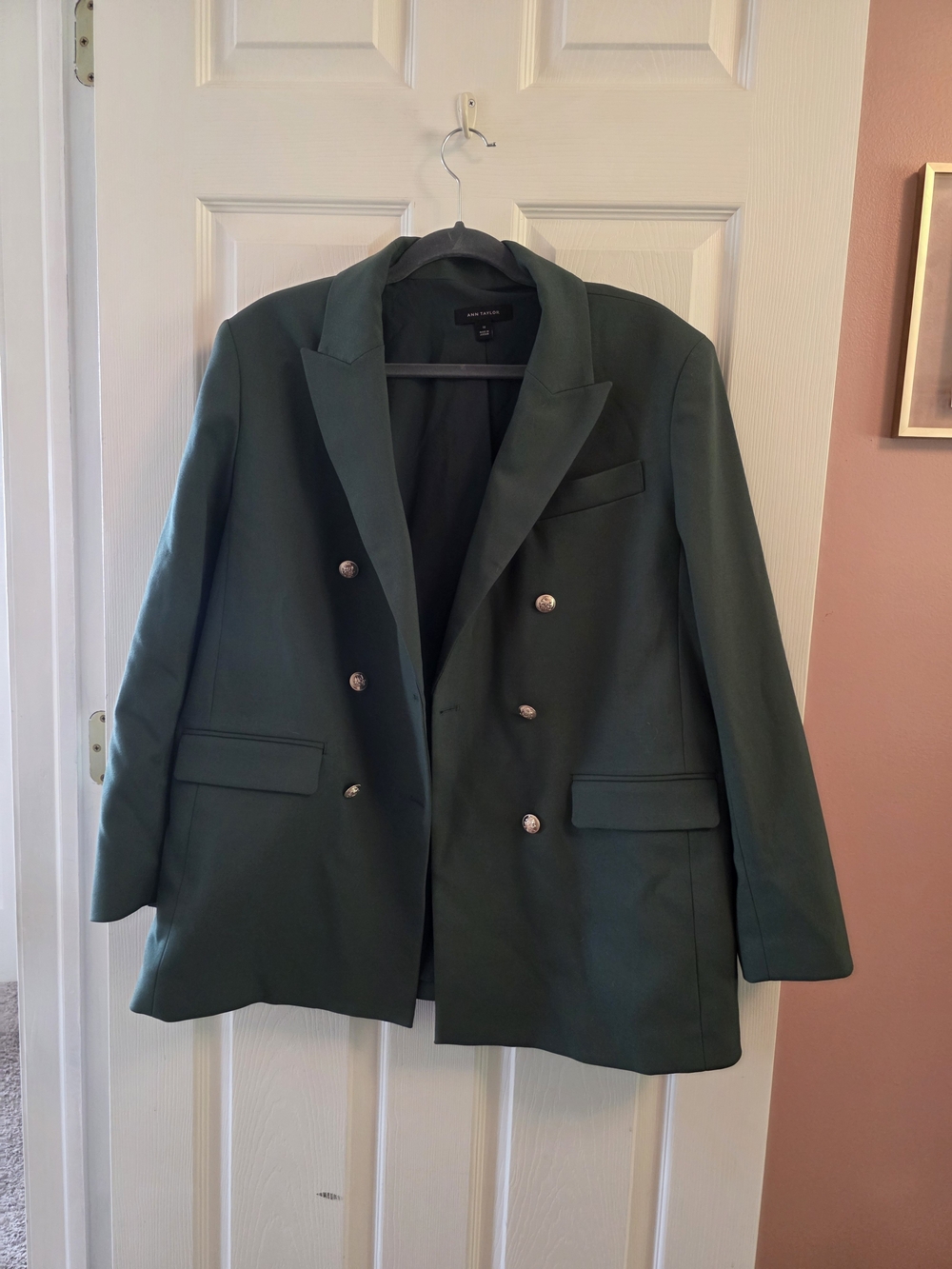 Ann Taylor Double-Breasted Blazer in Deep Green With Gold Buttons